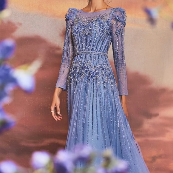 Andrea and Leo A1167 Illusion Long Sleeve A-Line Dress - Blue, Size 6 - Picture 1 of 5